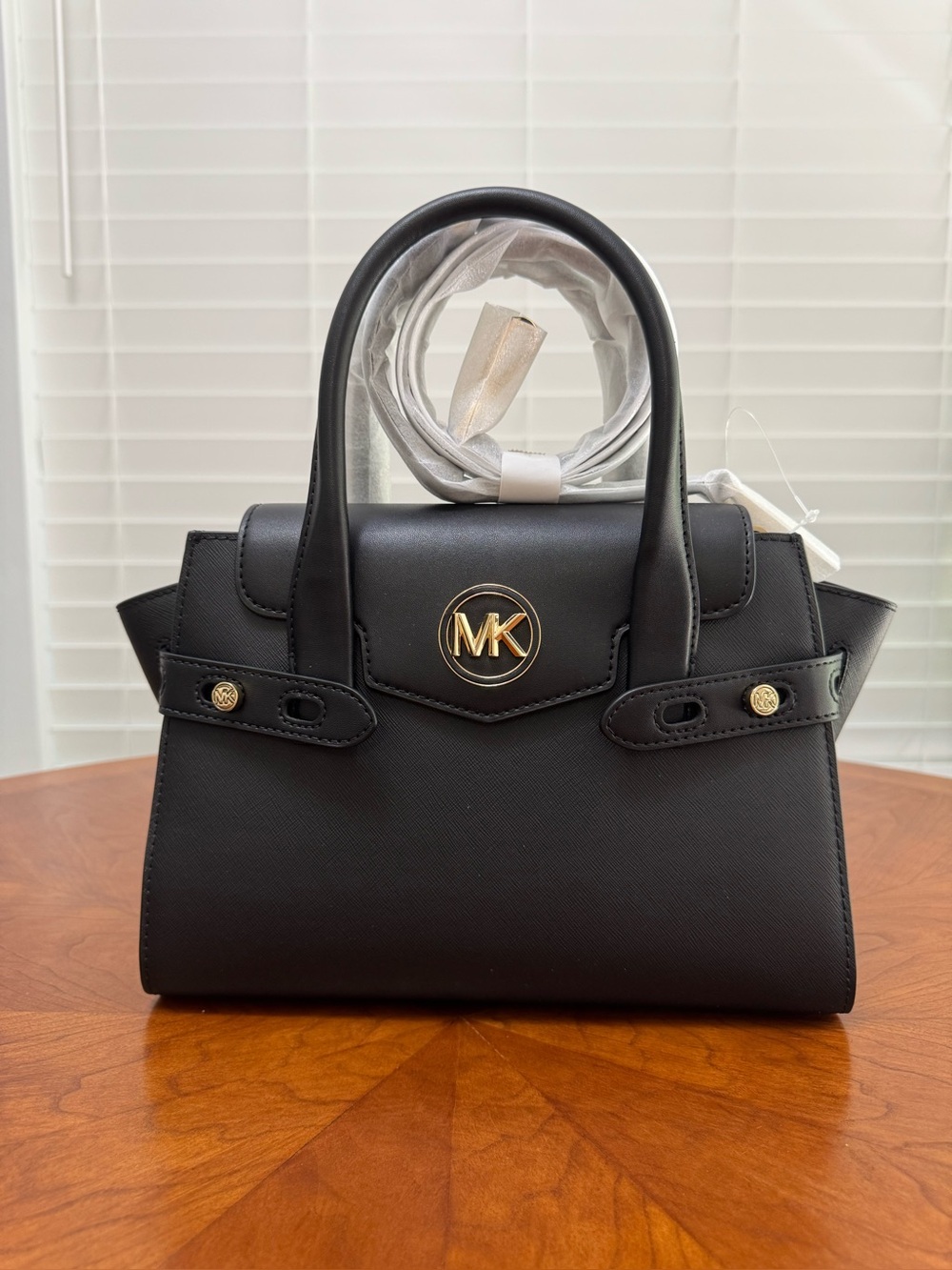 Michael Kors Black Saffiano Mini Satchel with Gold MK Emblem
